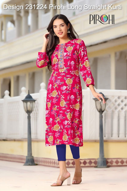 Design 231224 Pirohi Rayon Foil Long Straight Kurti Manufacturer Ahmedabad