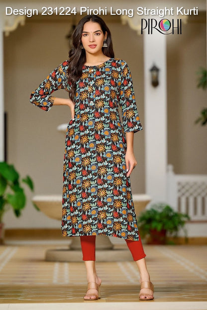 Design 231224 Pirohi Rayon Foil Long Straight Kurti Manufacturer Ahmedabad