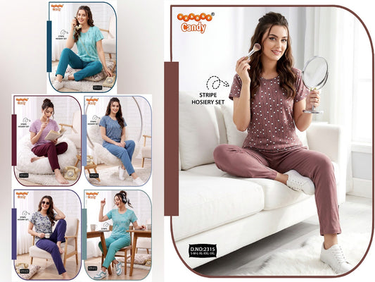 Design 2315 Orange Candy Hosiery Pyjama Night Suits Supplier Ahmedabad