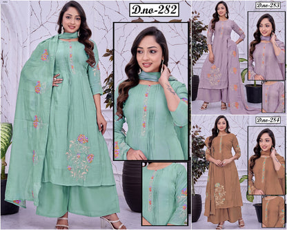 Design 282-284 Kadlee Chanderi Readymade Plazzo Style Suits Wholesale Rate