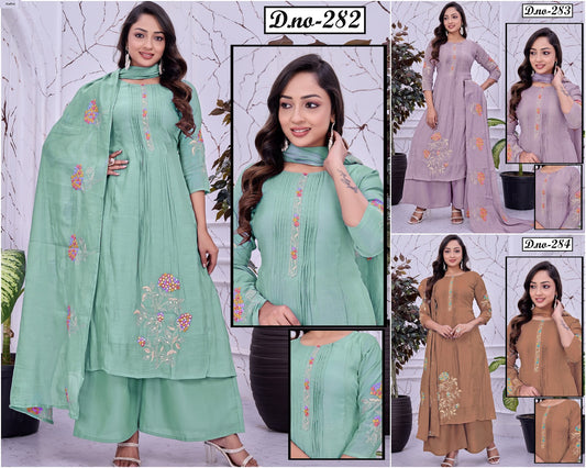 Design 282-284 Kadlee Chanderi Readymade Plazzo Style Suits Wholesale Rate