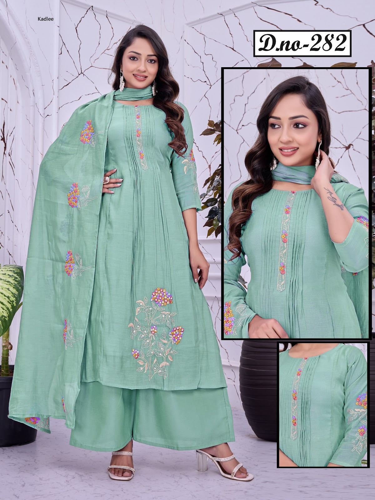 Design 282-284 Kadlee Chanderi Readymade Plazzo Style Suits Wholesale Rate