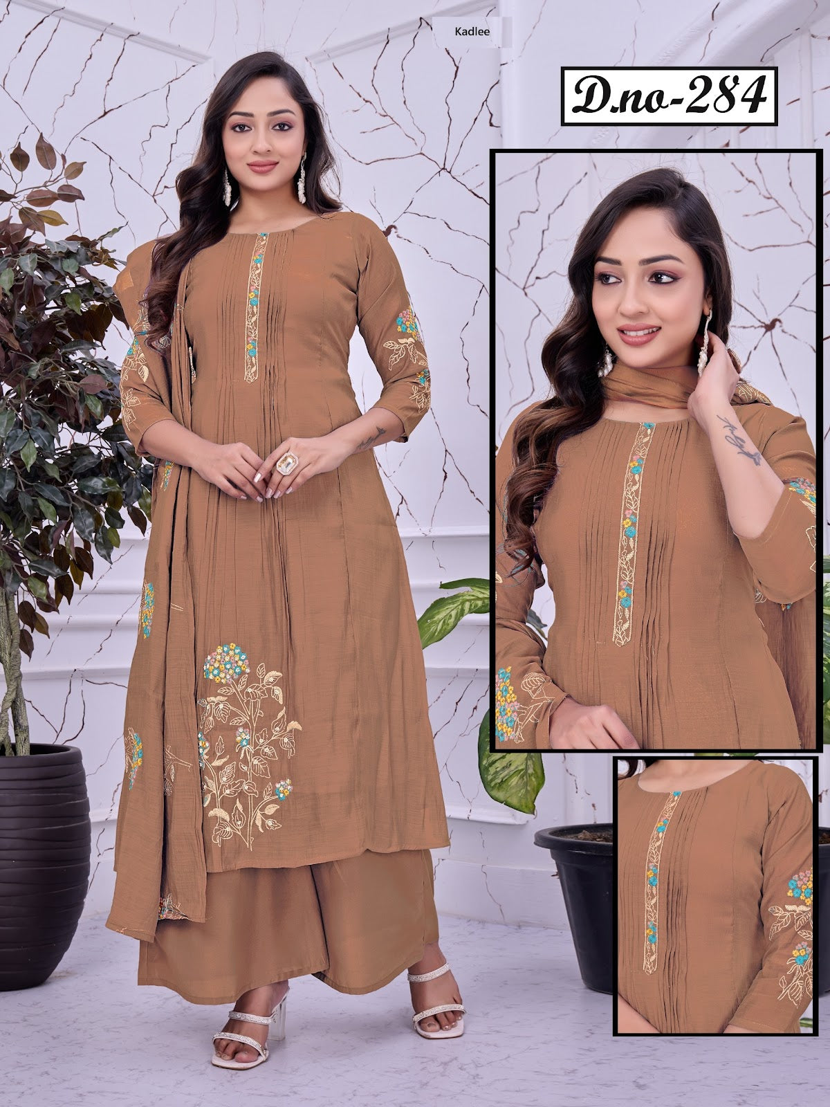 Design 282-284 Kadlee Chanderi Readymade Plazzo Style Suits Wholesale Rate