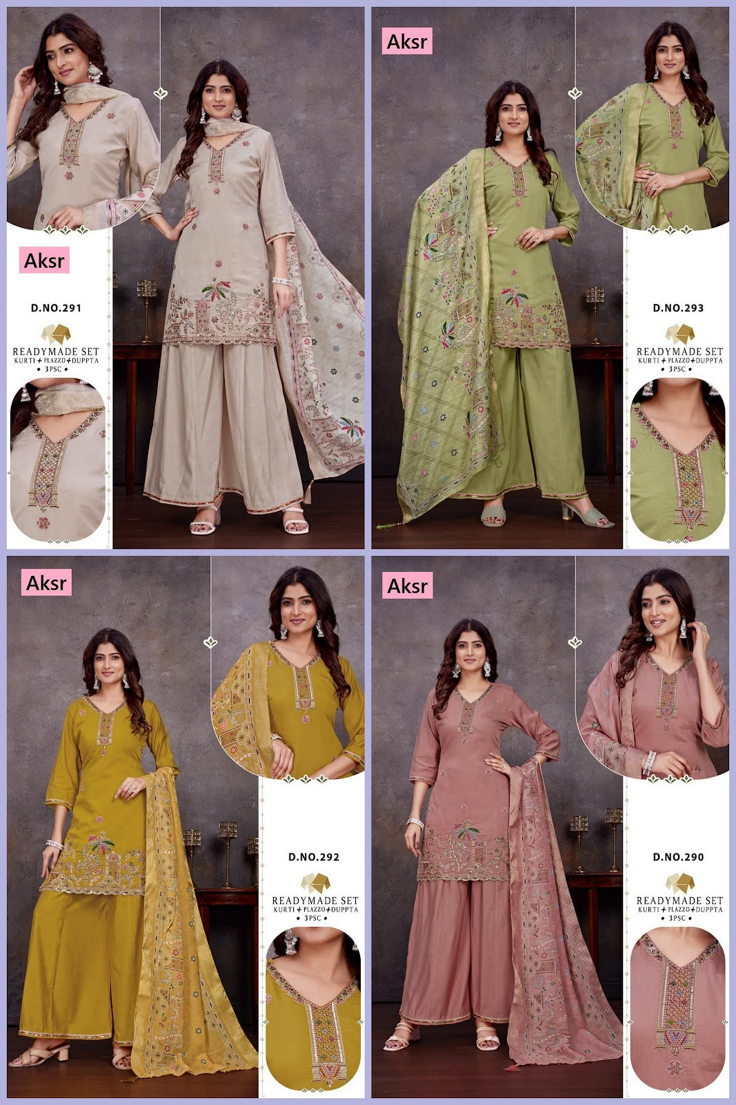Design 290 To 293 Aksr Roman Silk Readymade Plazzo Style Suits Supplier India