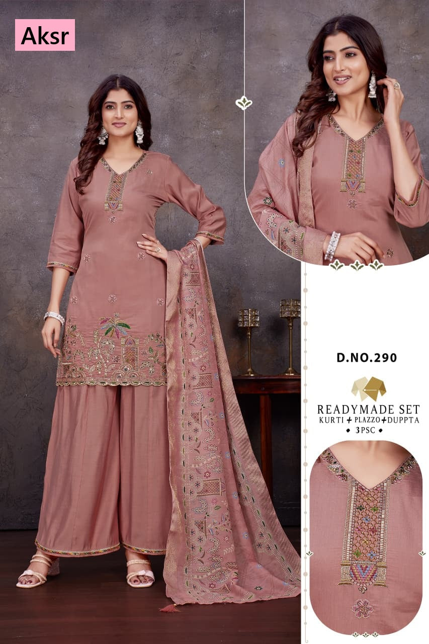 Design 290 To 293 Aksr Roman Silk Readymade Plazzo Style Suits Supplier India