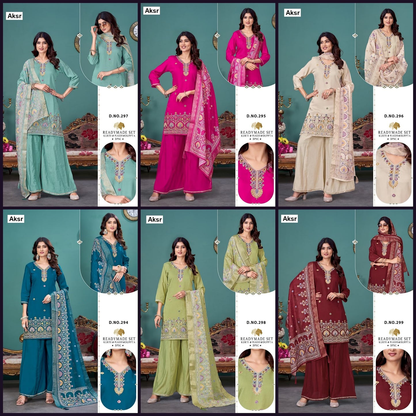 Design 294 To 299 Aksr Roman Silk Readymade Plazzo Style Suits Supplier Gujarat