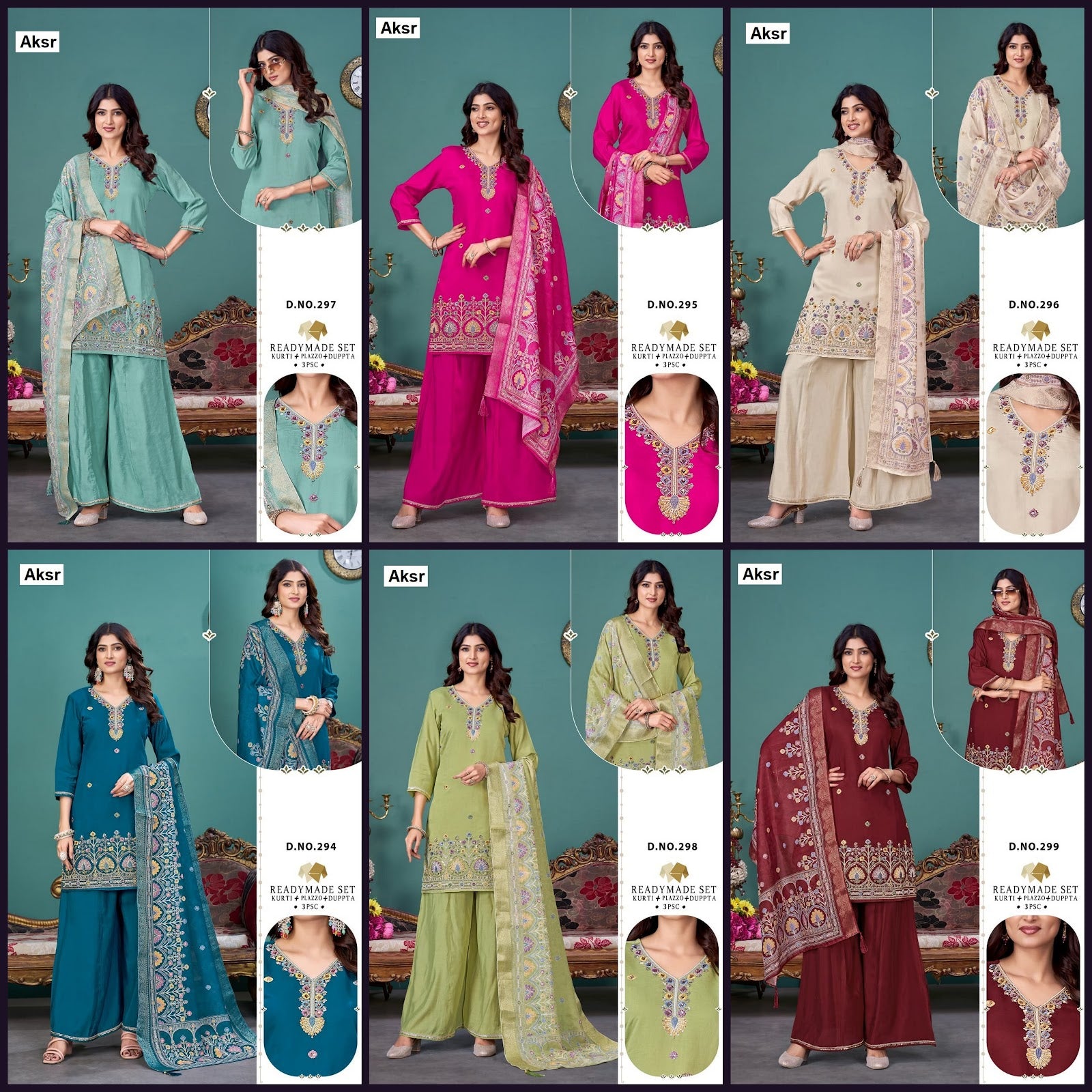 Design 294 To 299 Aksr Roman Silk Readymade Plazzo Style Suits Supplier Gujarat