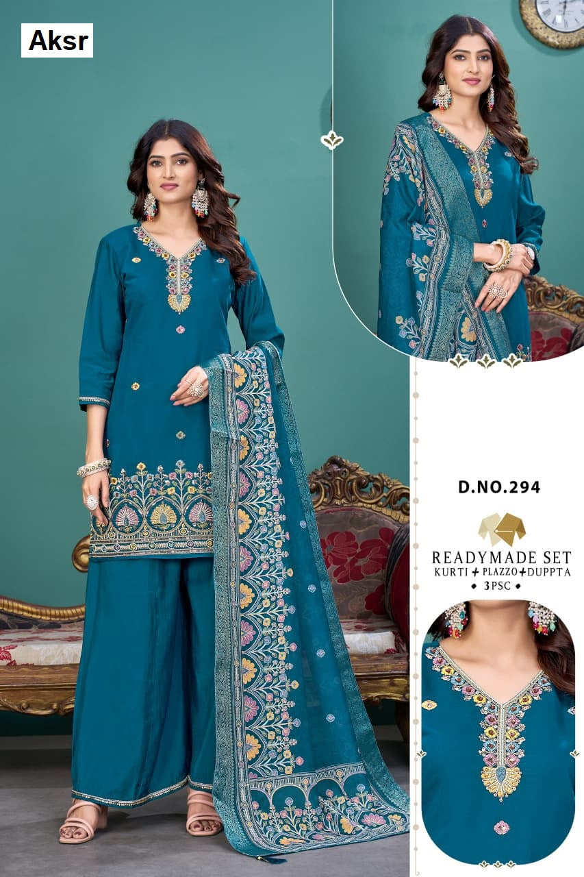 Design 294 To 299 Aksr Roman Silk Readymade Plazzo Style Suits Supplier Gujarat