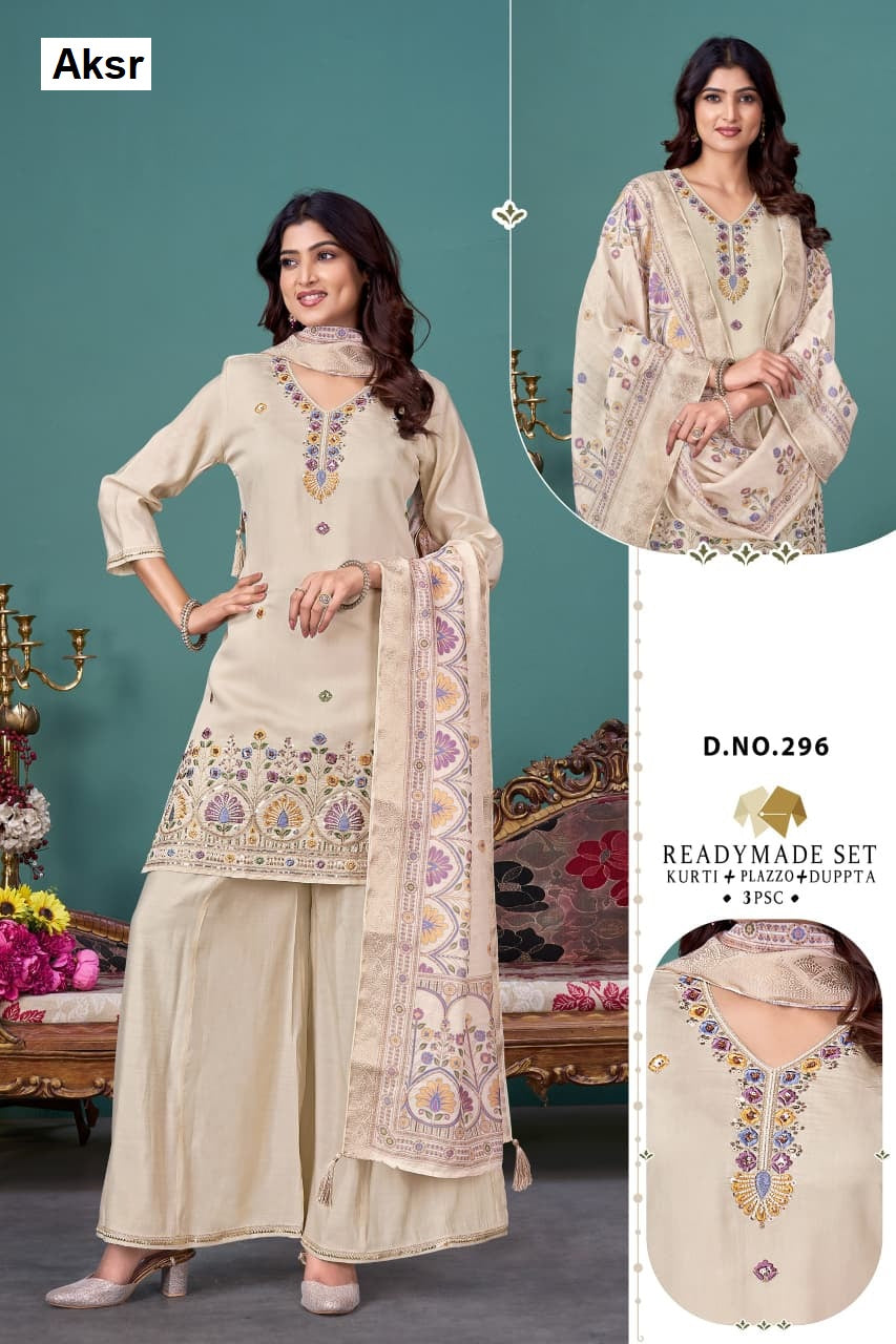 Design 294 To 299 Aksr Roman Silk Readymade Plazzo Style Suits Supplier Gujarat