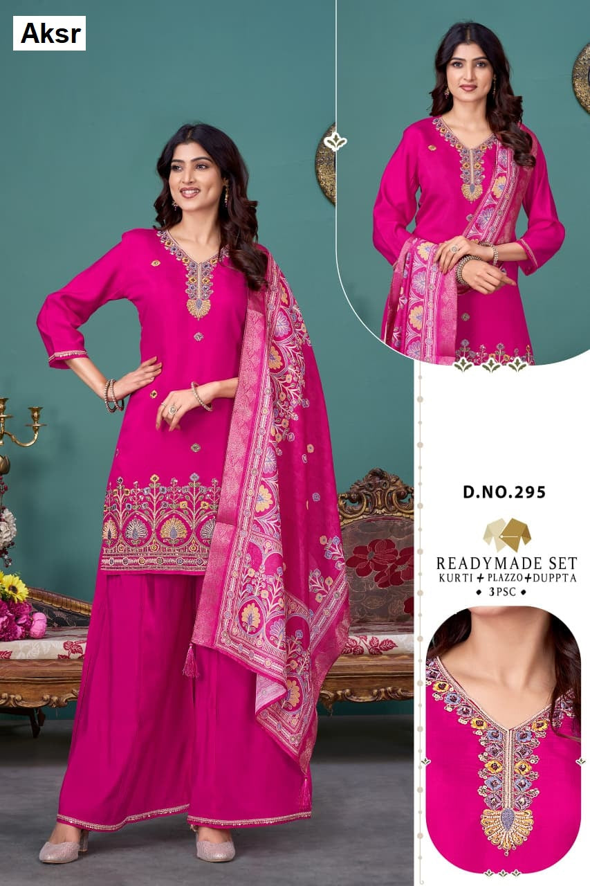Design 294 To 299 Aksr Roman Silk Readymade Plazzo Style Suits Supplier Gujarat