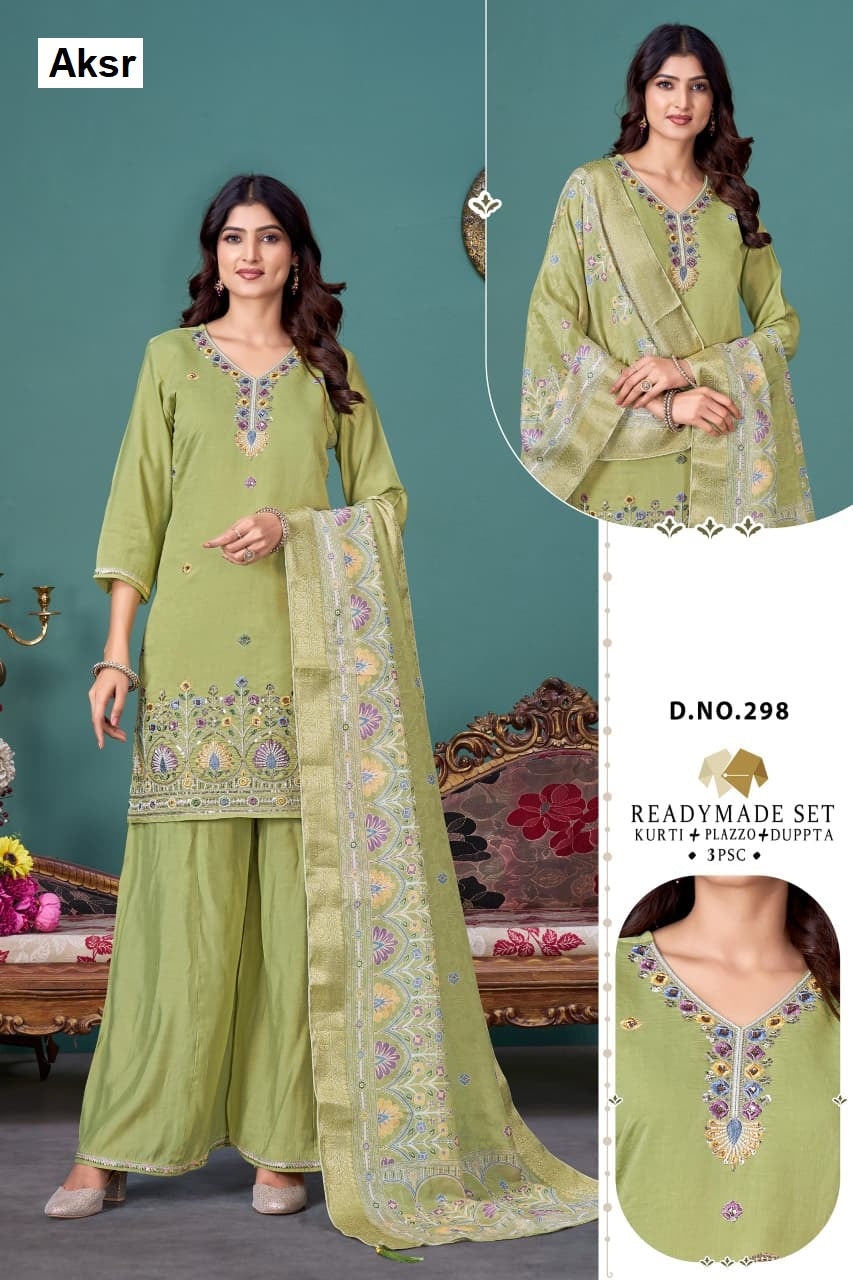 Design 294 To 299 Aksr Roman Silk Readymade Plazzo Style Suits Supplier Gujarat