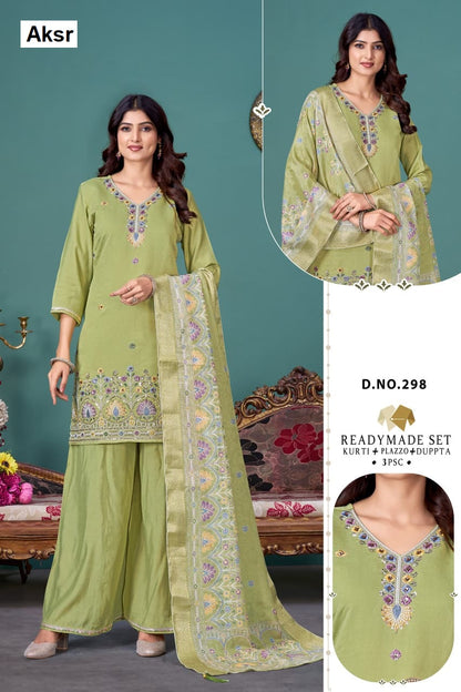 Design 294 To 299 Aksr Roman Silk Readymade Plazzo Style Suits Supplier Gujarat