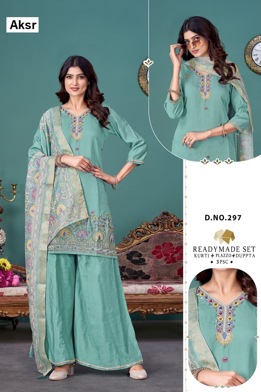 Design 294 To 299 Aksr Roman Silk Readymade Plazzo Style Suits Supplier Gujarat