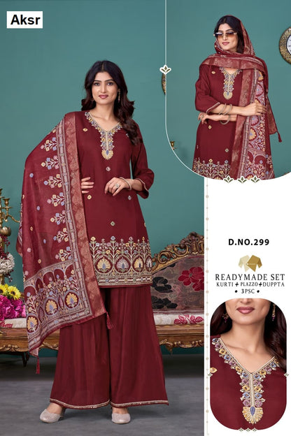 Design 294 To 299 Aksr Roman Silk Readymade Plazzo Style Suits Supplier Gujarat