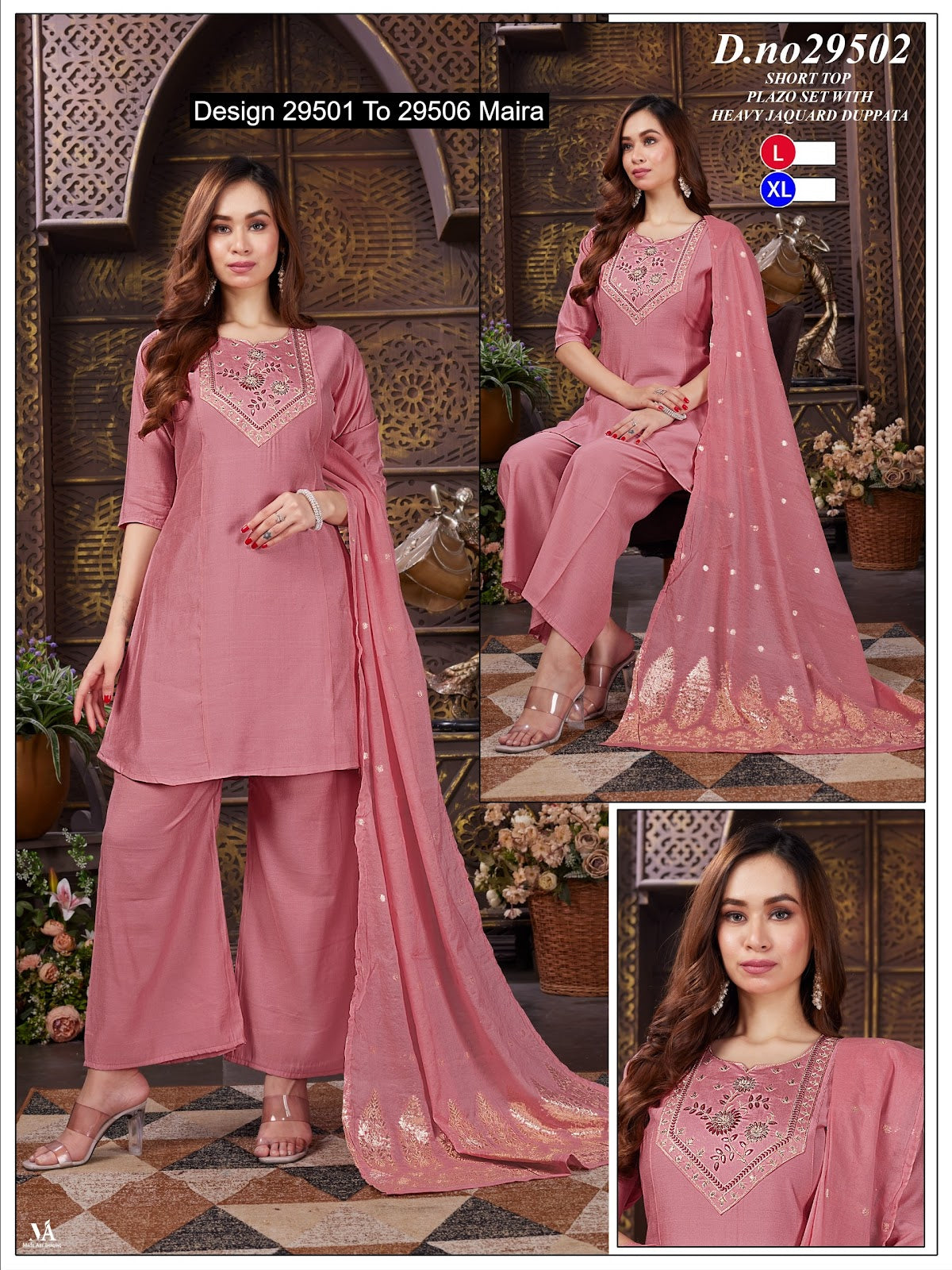 Design 29501 To 29506 Maira Roman Silk Readymade Plazzo Style Suits Manufacturer Ahmedabad