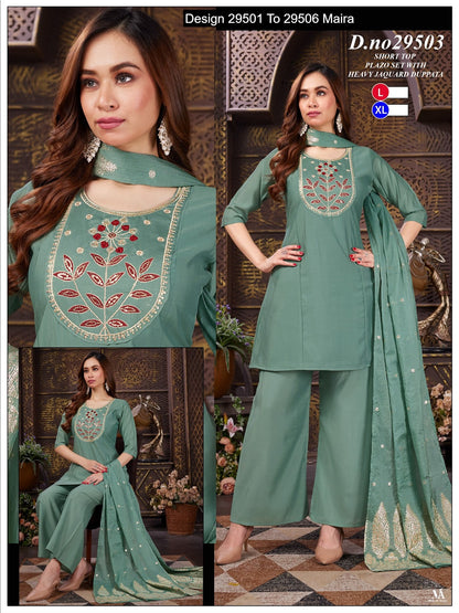 Design 29501 To 29506 Maira Roman Silk Readymade Plazzo Style Suits Manufacturer Ahmedabad
