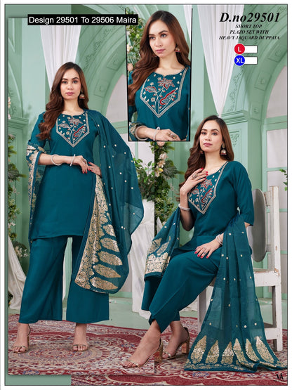 Design 29501 To 29506 Maira Roman Silk Readymade Plazzo Style Suits Manufacturer Ahmedabad