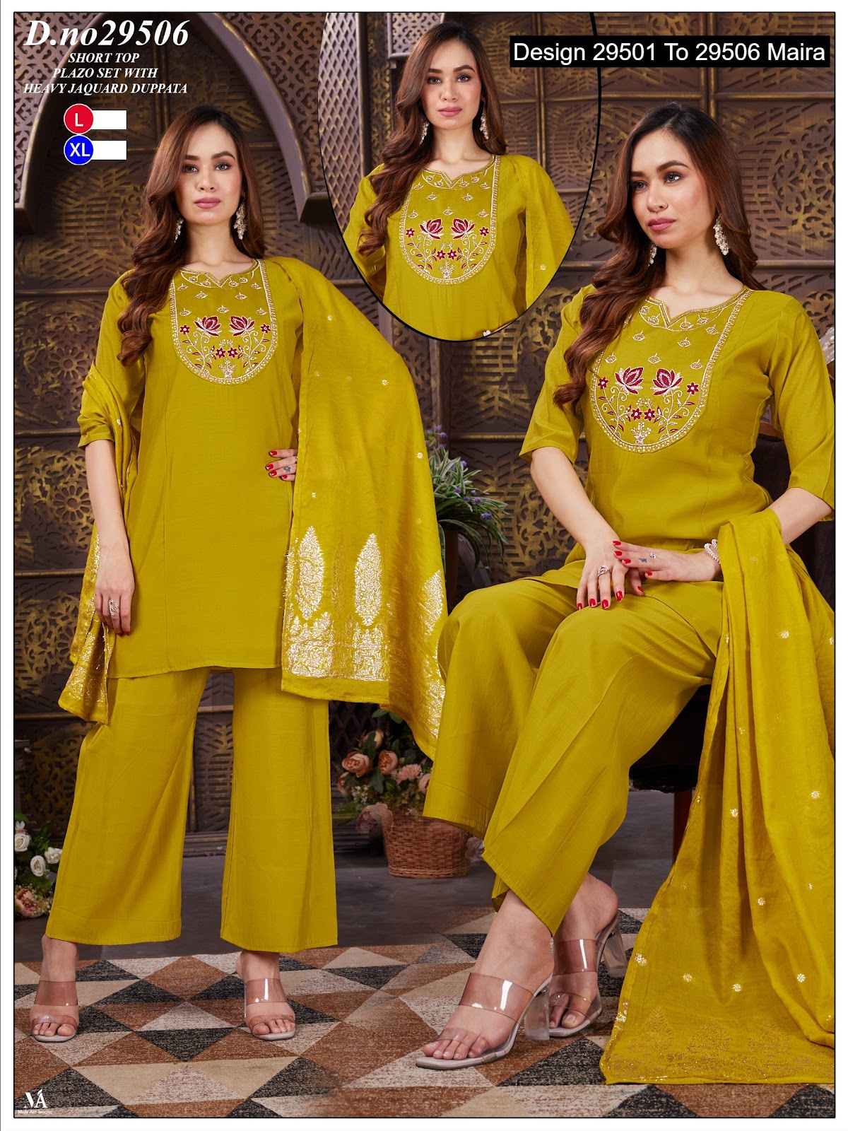 Design 29501 To 29506 Maira Roman Silk Readymade Plazzo Style Suits Manufacturer Ahmedabad