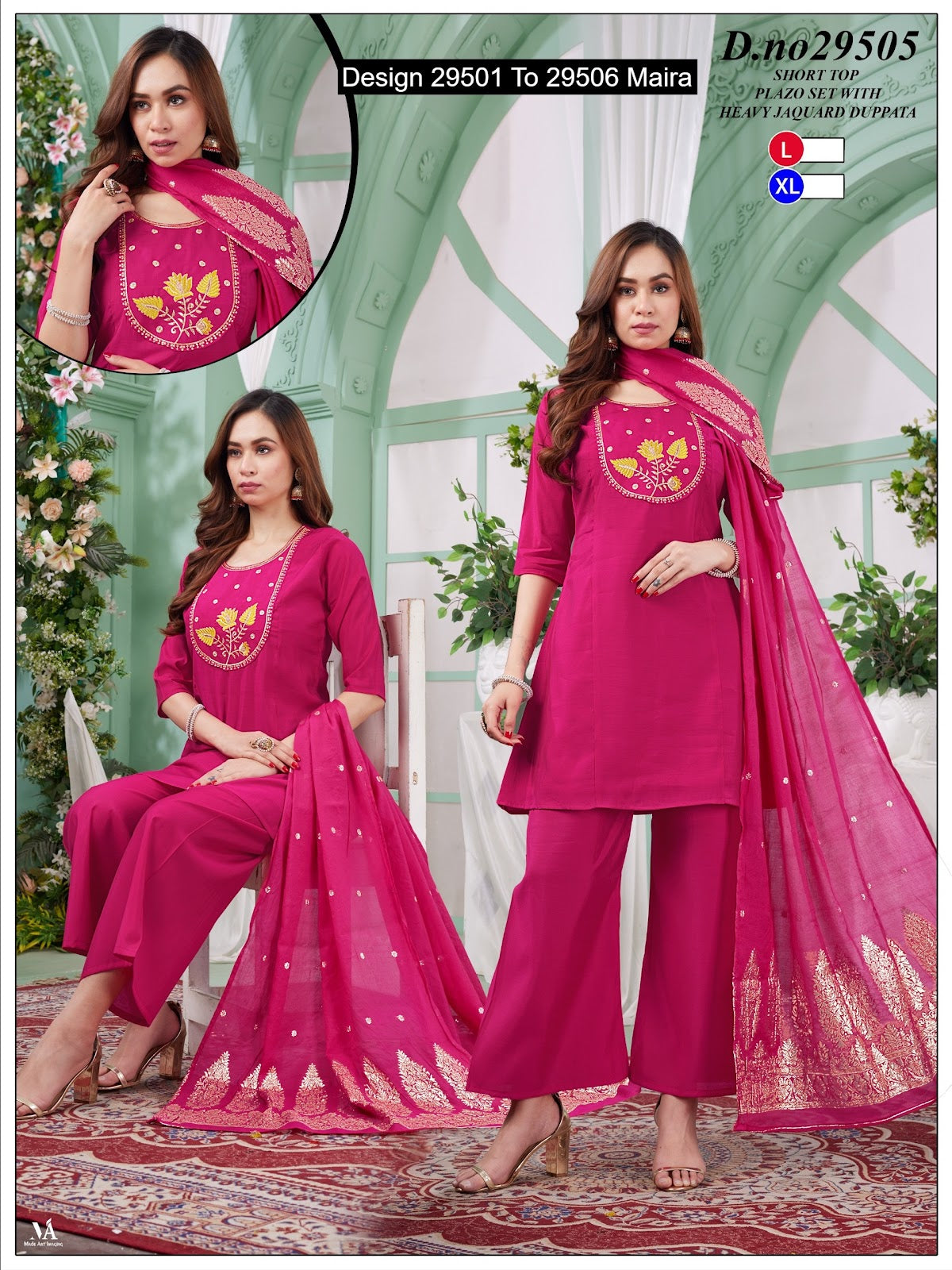 Design 29501 To 29506 Maira Roman Silk Readymade Plazzo Style Suits Manufacturer Ahmedabad