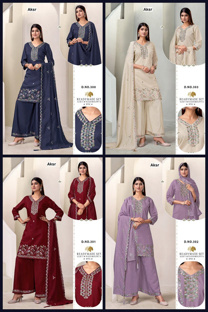 Design 300-303 Aksr Roman Silk Readymade Plazzo Style Suits Wholesale Price