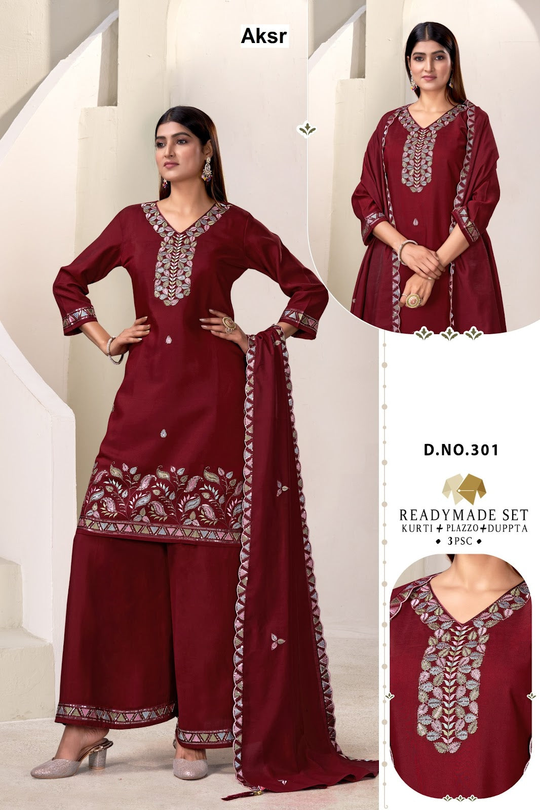 Design 300-303 Aksr Roman Silk Readymade Plazzo Style Suits Wholesale Price