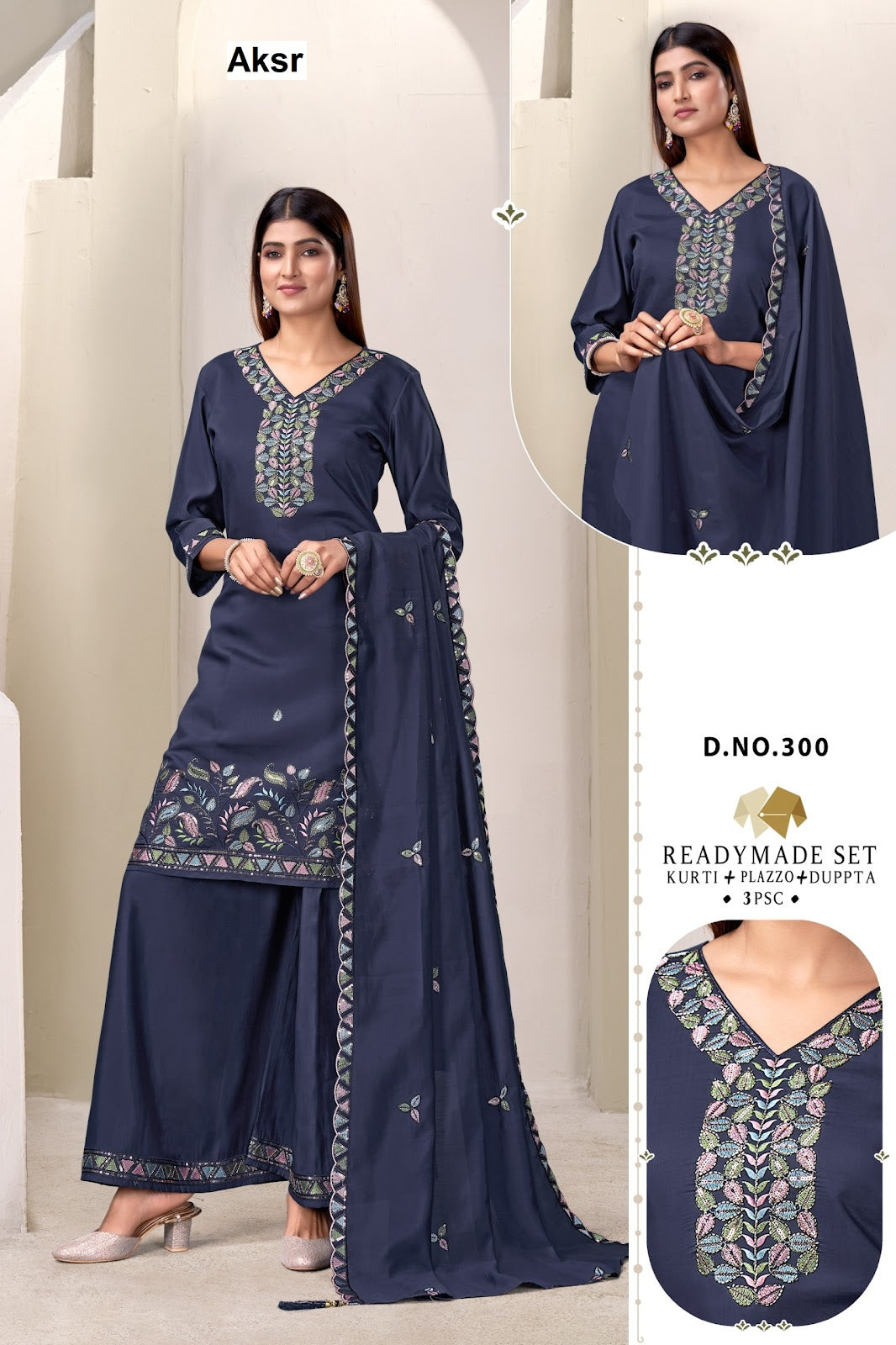 Design 300-303 Aksr Roman Silk Readymade Plazzo Style Suits Wholesale Price