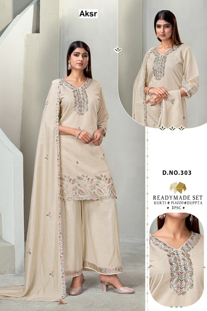 Design 300-303 Aksr Roman Silk Readymade Plazzo Style Suits Wholesale Price