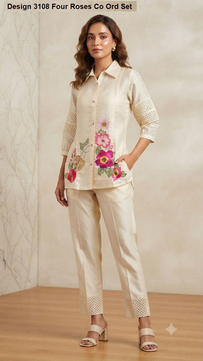 Design 3108 Four Roses Mull Chanderi Co Ord Set Manufacturer