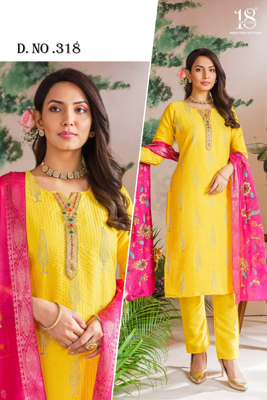 Design 318 18 Attitude Italian Silk Readymade Pant Style Suits Exporter Ahmedabad