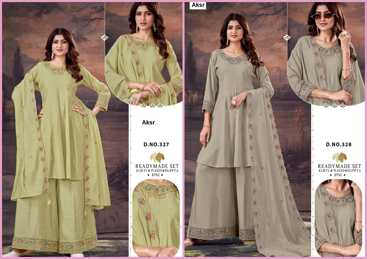 Design 327-328 Aksr Mal Chanderi Readymade Plazzo Style Suits Supplier India
