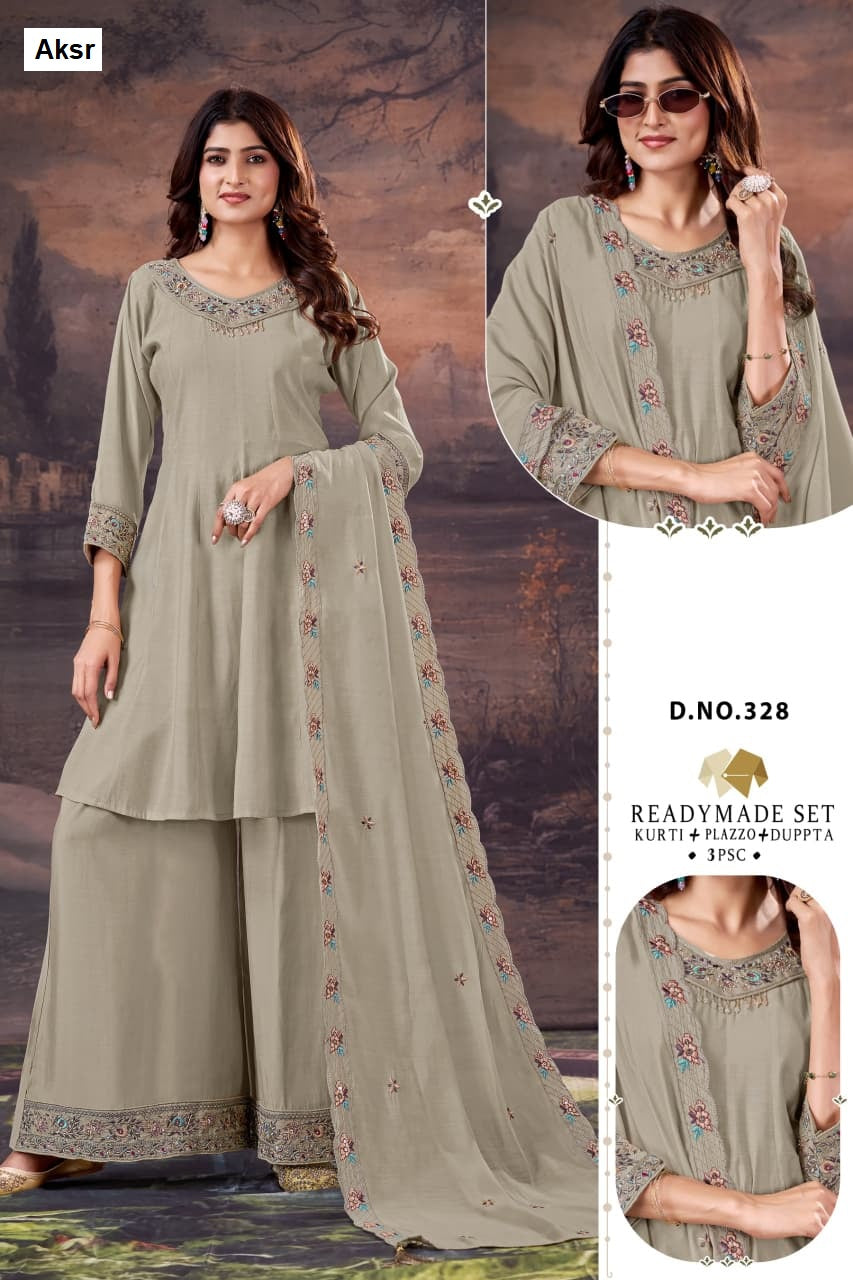 Design 327-328 Aksr Mal Chanderi Readymade Plazzo Style Suits Supplier India
