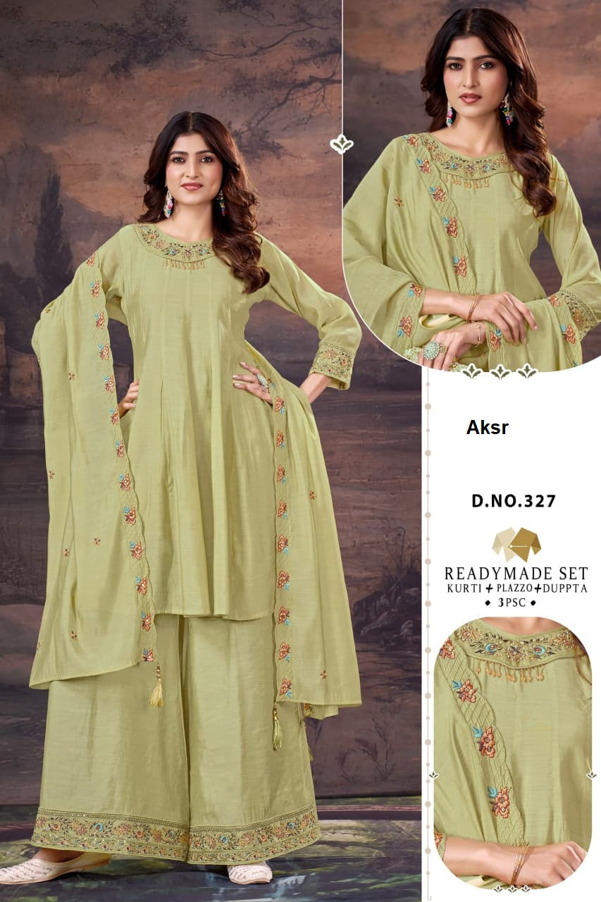 Design 327-328 Aksr Mal Chanderi Readymade Plazzo Style Suits Supplier India