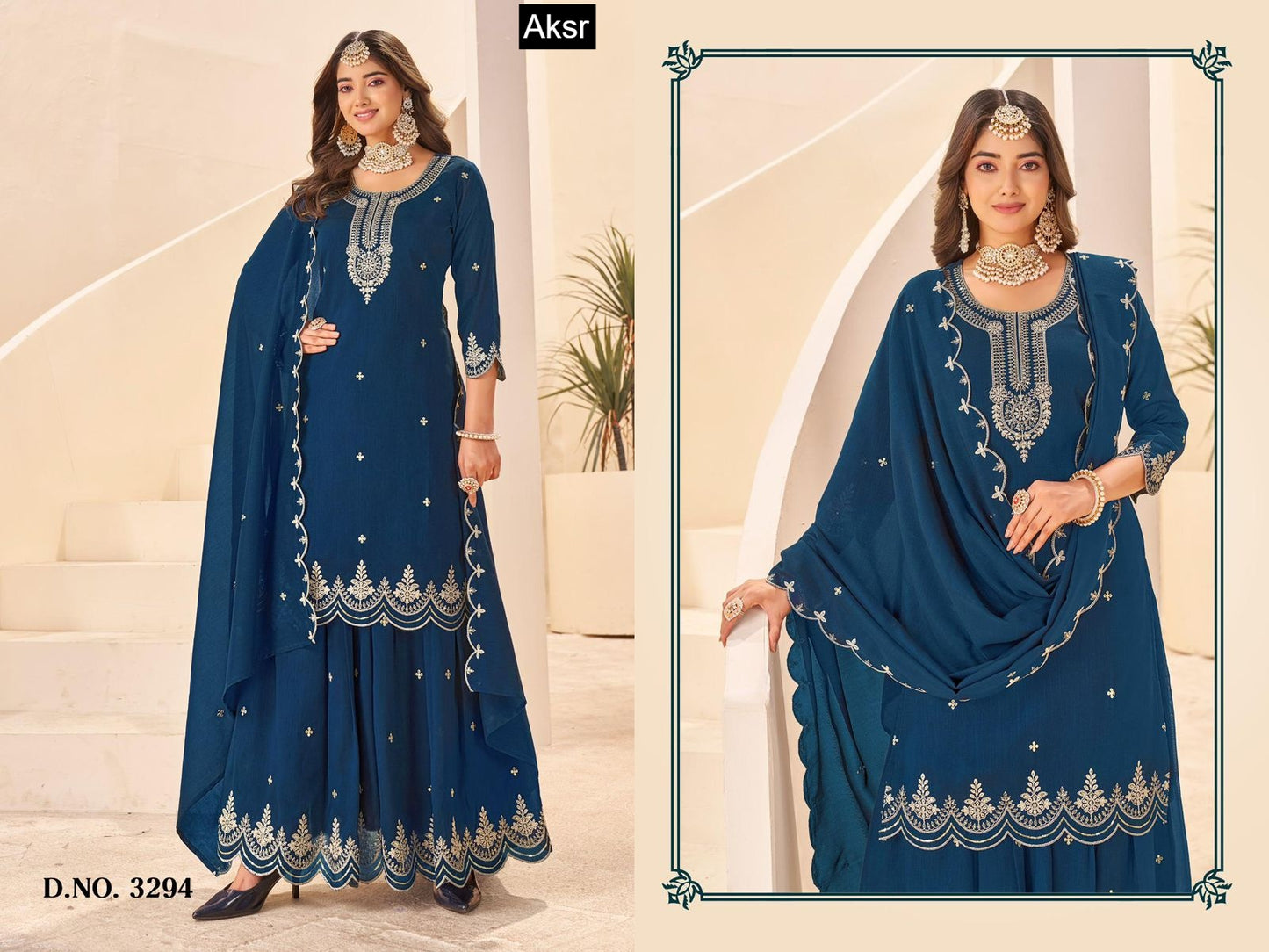 Design 3290-3295 Aksr Vichitra Readymade Plazzo Style Suits Wholesaler