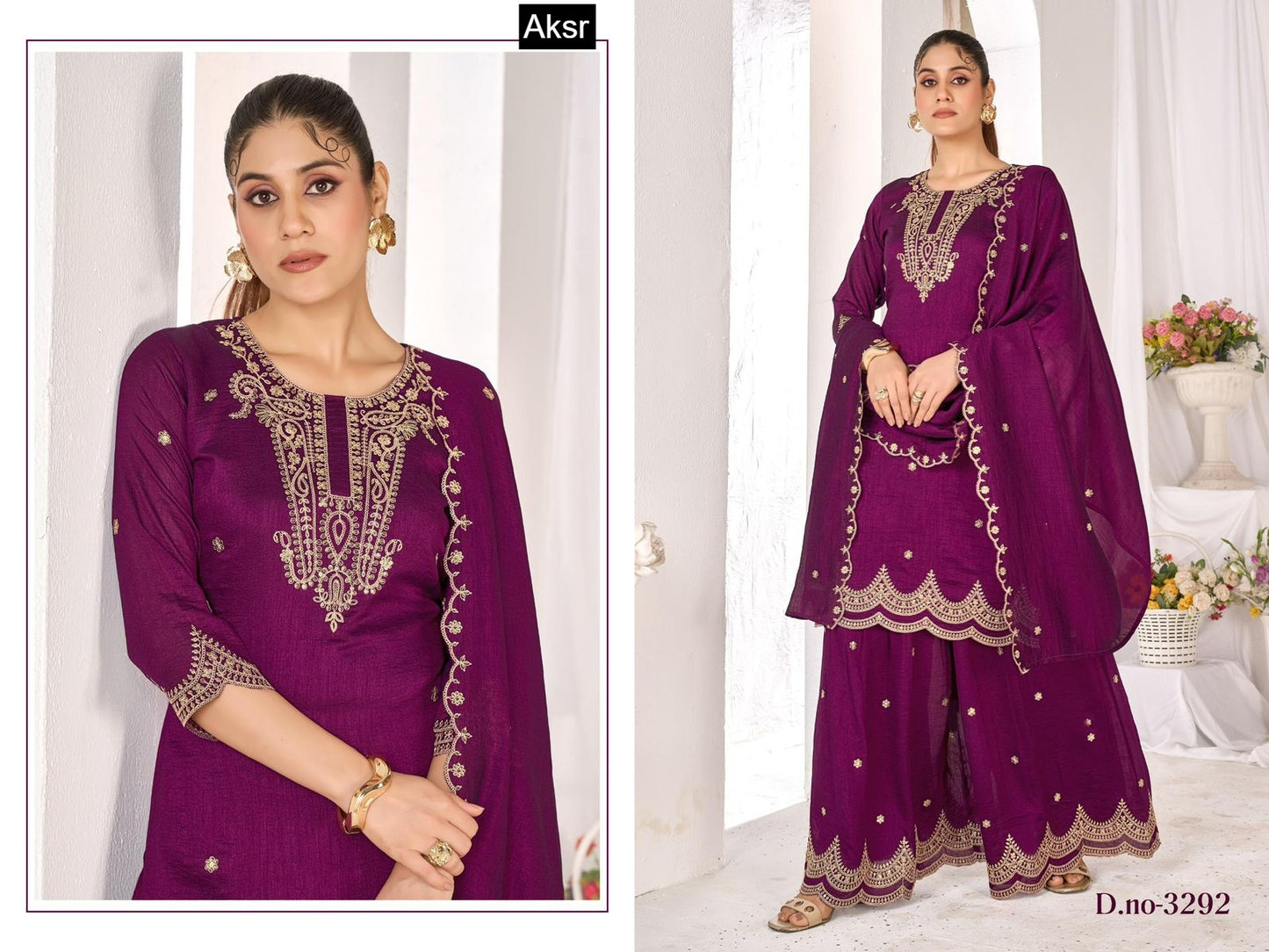 Design 3290-3295 Aksr Vichitra Readymade Plazzo Style Suits Wholesaler