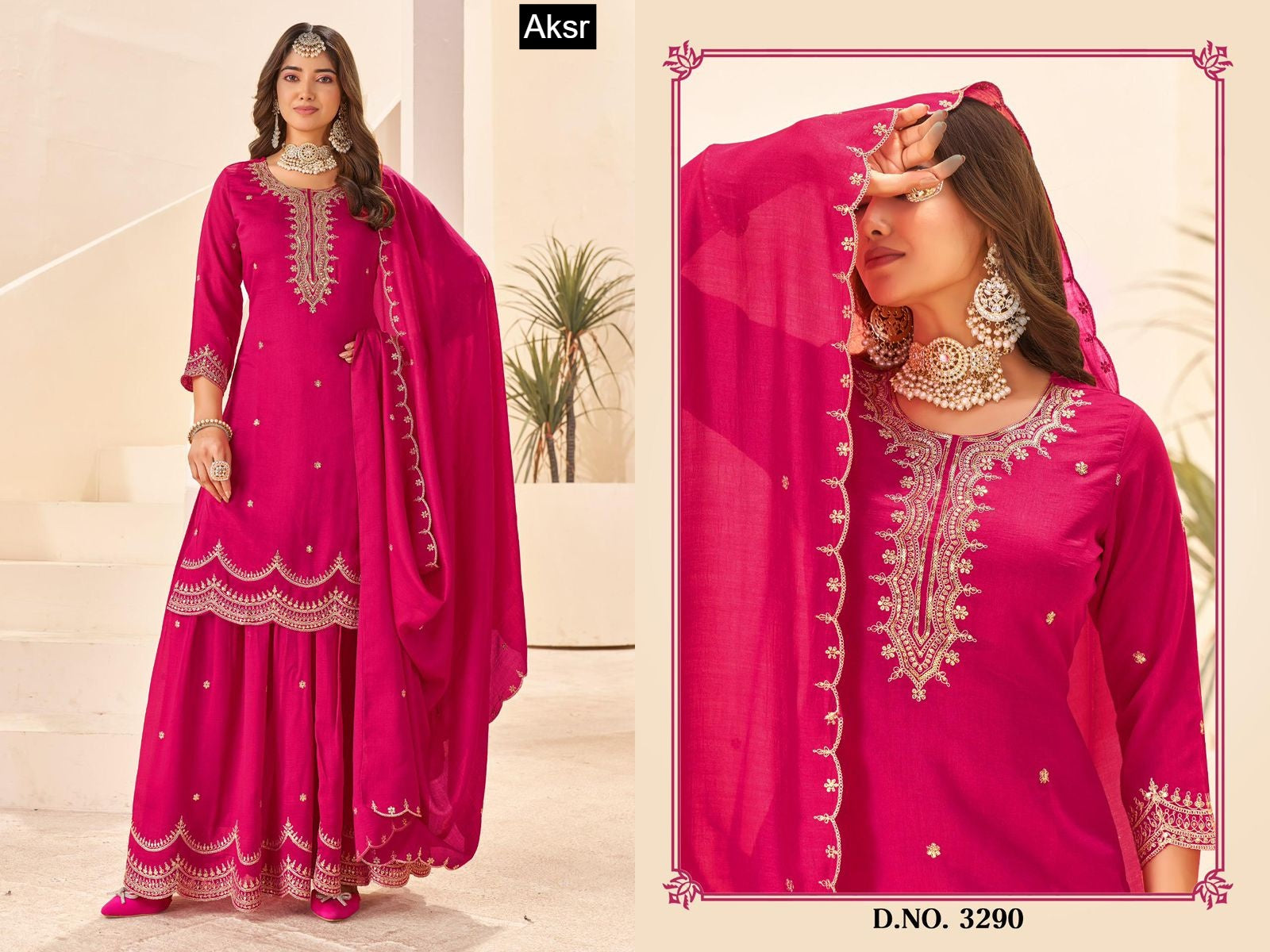 Design 3290-3295 Aksr Vichitra Readymade Plazzo Style Suits Wholesaler