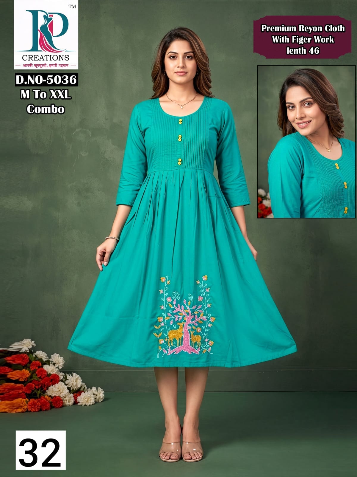 Design 32 Rd Rayon Anarkali Kurtis Manufacturer India