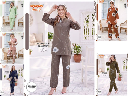 Design 3333 Orange Candy Rayon Co Ord Set Supplier Gujarat