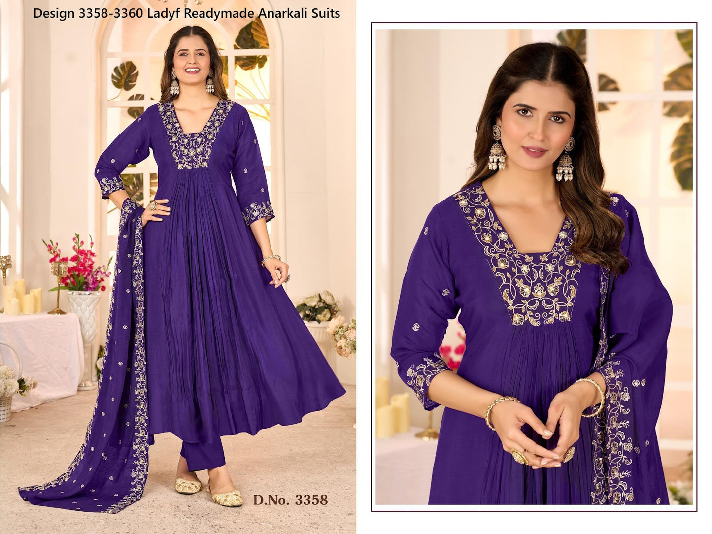 Design 3358-3360 Ladyf Chanderi Readymade Anarkali Suits Manufacturer India