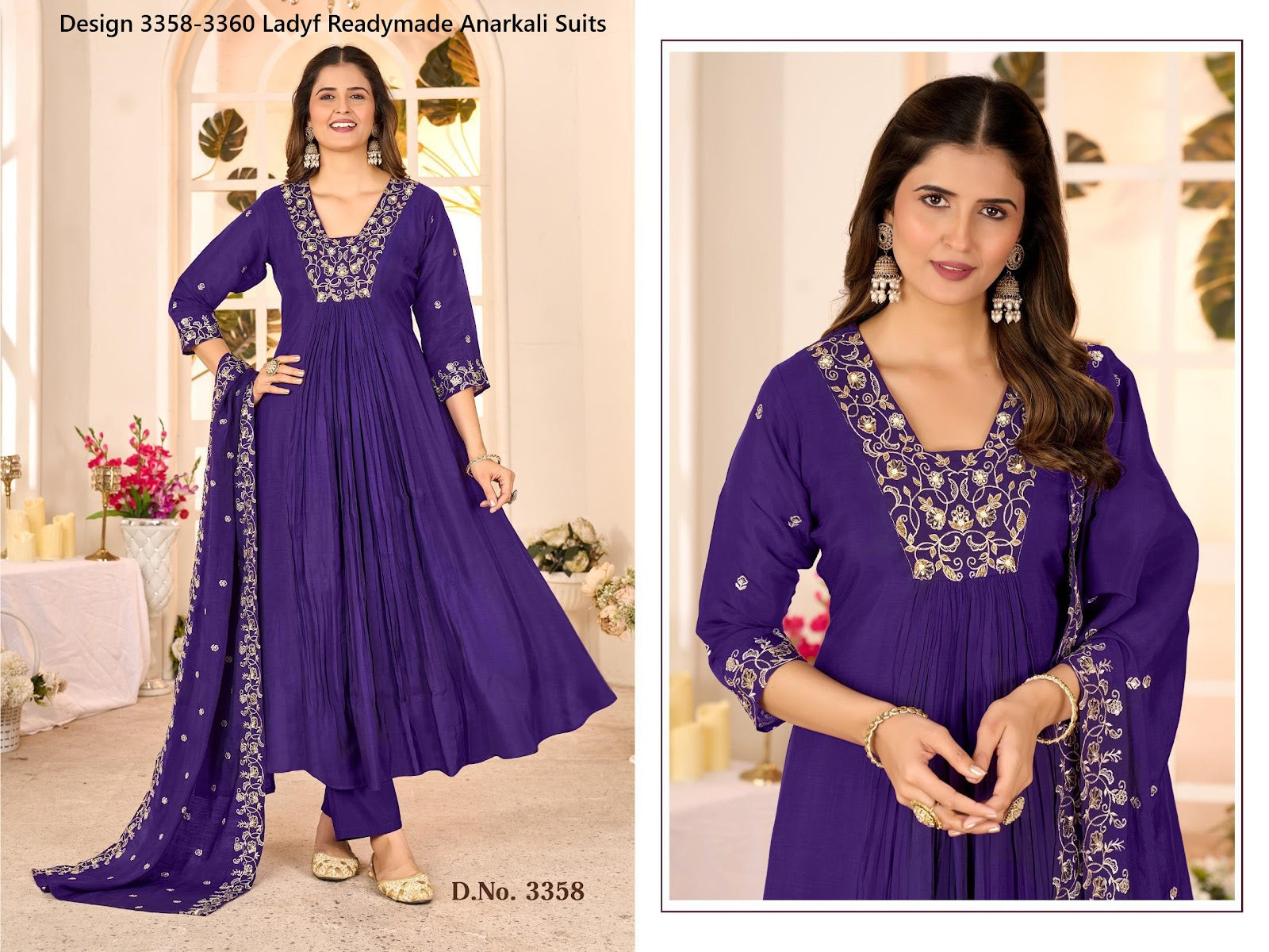 Design 3358-3360 Ladyf Chanderi Readymade Anarkali Suits Manufacturer India