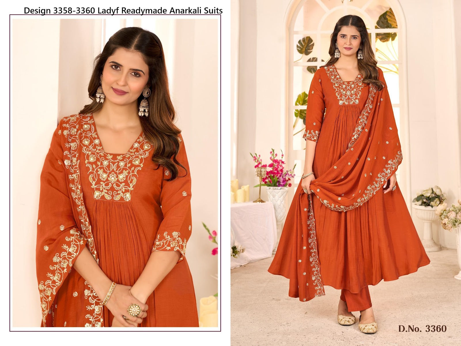Design 3358-3360 Ladyf Chanderi Readymade Anarkali Suits Manufacturer India