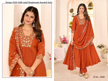Design 3358-3360 Ladyf Chanderi Readymade Anarkali Suits Manufacturer India