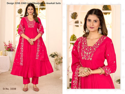 Design 3358-3360 Ladyf Chanderi Readymade Anarkali Suits Manufacturer India