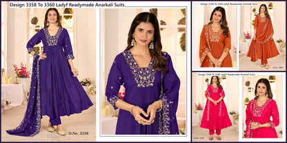 Design 3358 To 3360 Ladyf Mul Chanderi Readymade Anarkali Suits Manufacturer India