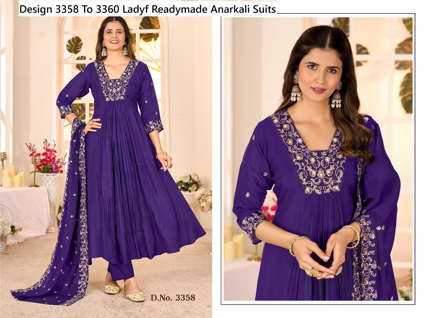 Design 3358 To 3360 Ladyf Mul Chanderi Readymade Anarkali Suits Manufacturer India