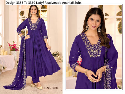Design 3358 To 3360 Ladyf Mul Chanderi Readymade Anarkali Suits Manufacturer India