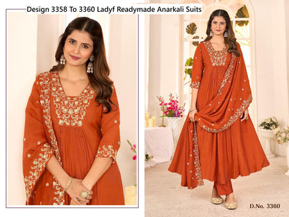 Design 3358 To 3360 Ladyf Mul Chanderi Readymade Anarkali Suits Manufacturer India