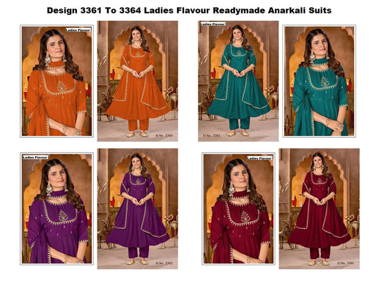 Design 3361 To 3364 Ladies Flavour Vichitra Readymade Anarkali Suits Exporter India