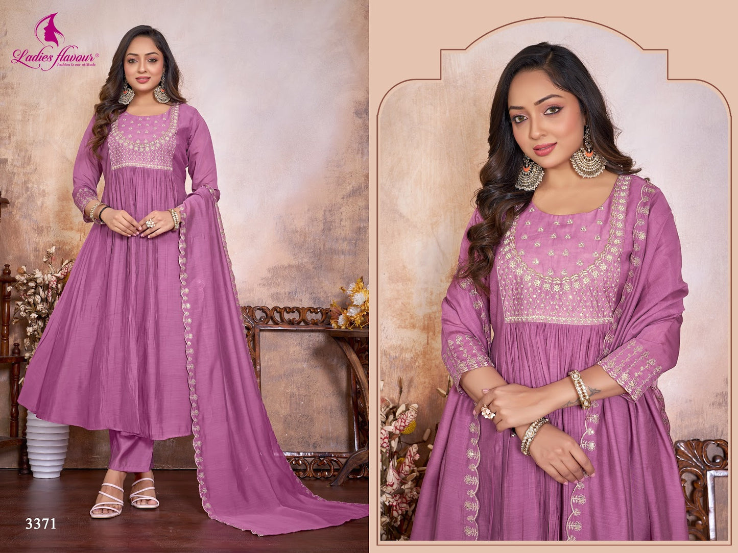 Design 3371-3372 Ladyf Chanderi Readymade Anarkali Suits Supplier India