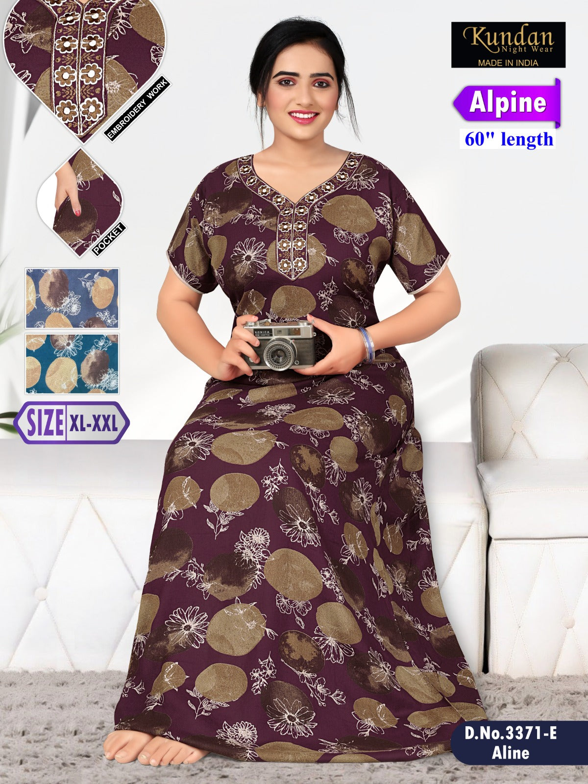 Design 3371 Kundan Alpine Night Gowns Supplier India