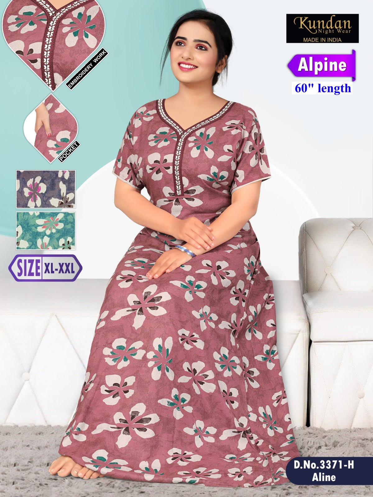 Design 3371 Kundan Alpine Night Gowns Supplier India